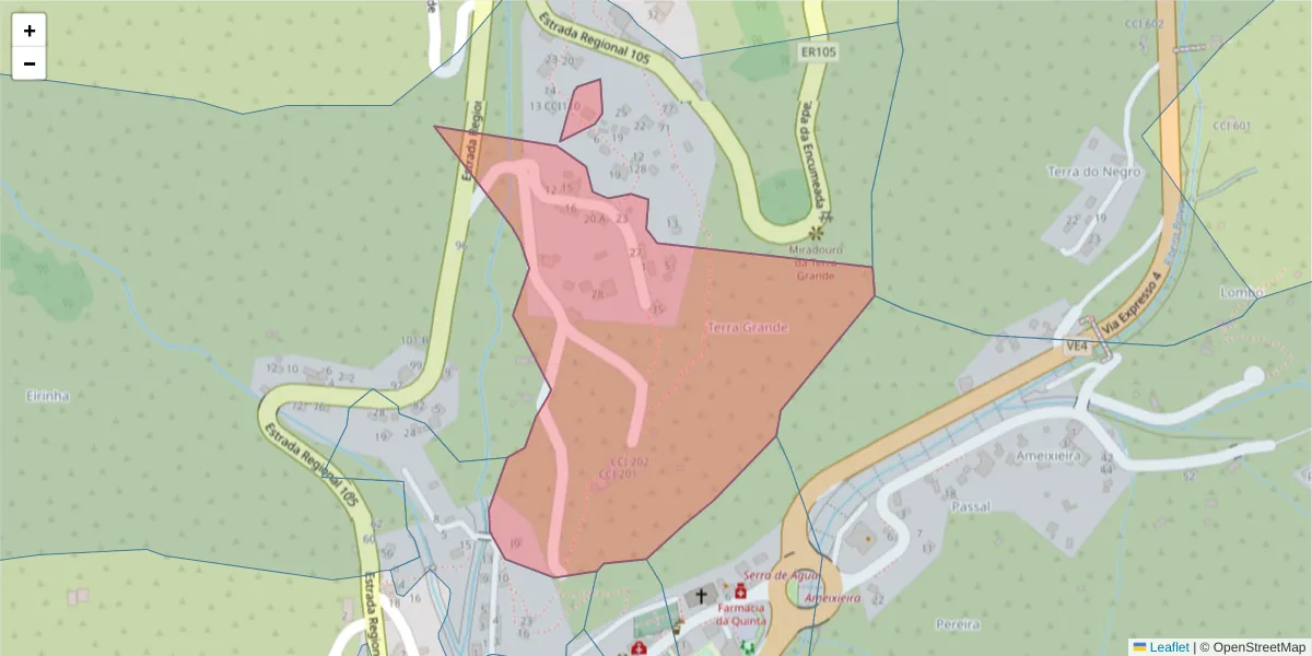 Mapa detalhado do código postal 9350-336 com limites, códigos postais vizinhos e agências dos correios