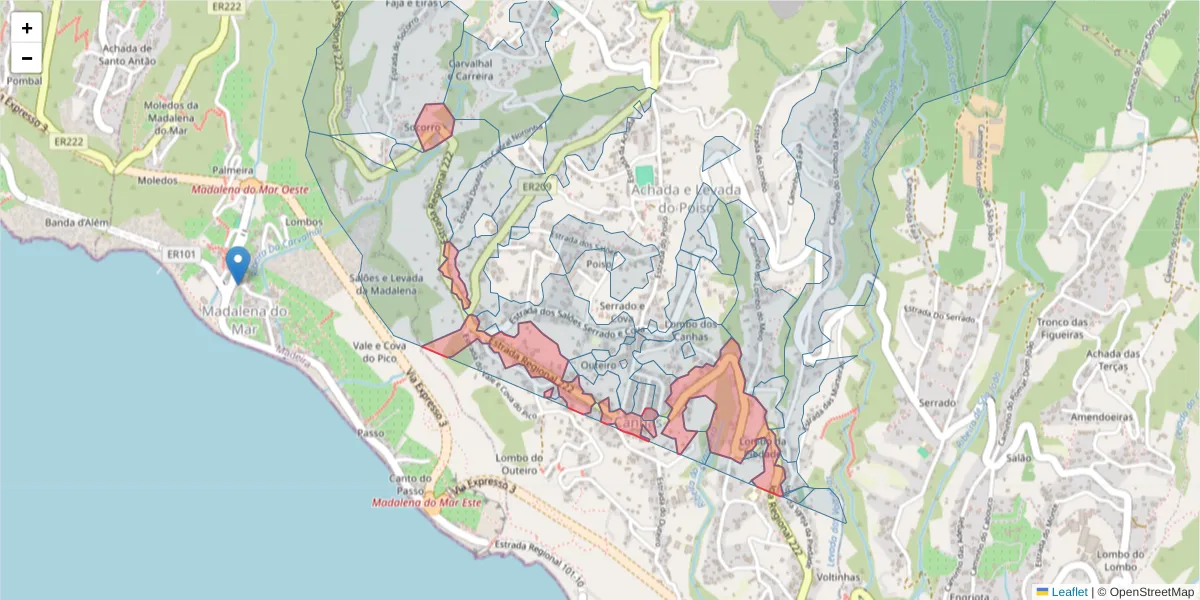 Mapa detalhado do código postal 9360-300 com limites, códigos postais vizinhos e agências dos correios