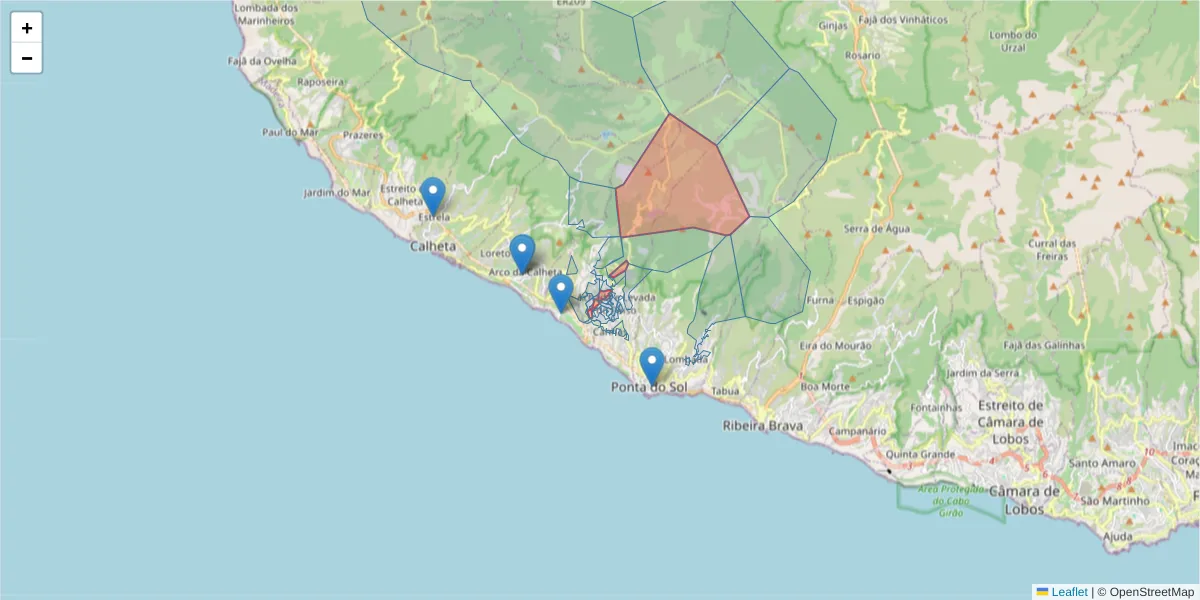 Mapa detalhado do código postal 9360-325 com limites, códigos postais vizinhos e agências dos correios