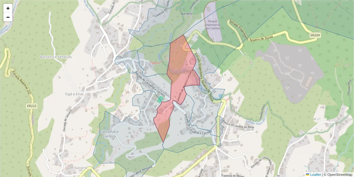 Mapa detalhado do código postal 9360-335 com limites, códigos postais vizinhos e agências dos correios