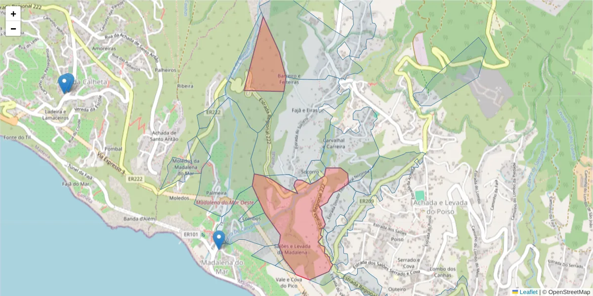 Mapa detalhado do código postal 9360-388 com limites, códigos postais vizinhos e agências dos correios