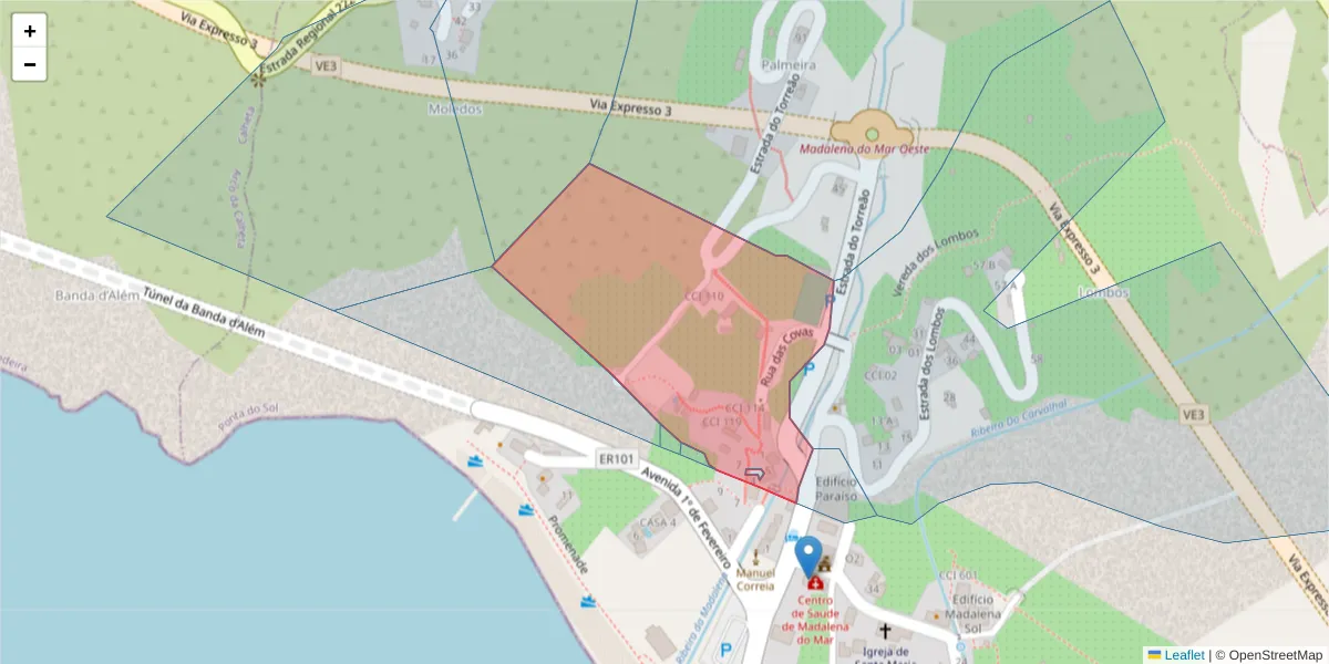 Mapa detalhado do código postal 9360-420 com limites, códigos postais vizinhos e agências dos correios