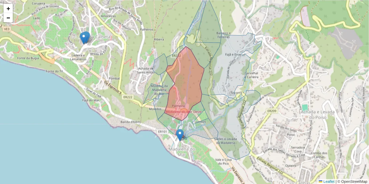 Mapa detalhado do código postal 9360-423 com limites, códigos postais vizinhos e agências dos correios