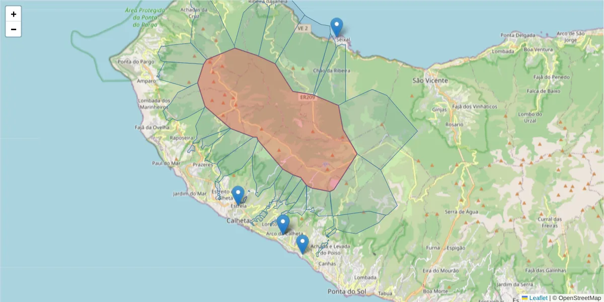 Mapa detalhado do código postal 9370-000 com limites, códigos postais vizinhos e agências dos correios