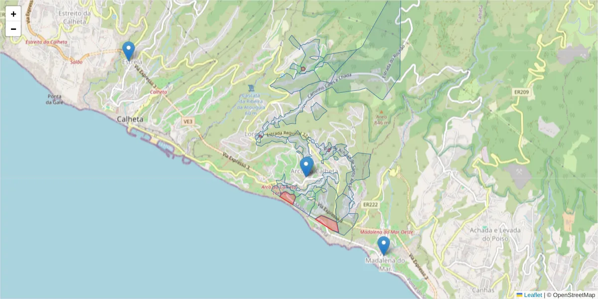 Mapa detalhado do código postal 9370-041 com limites, códigos postais vizinhos e agências dos correios