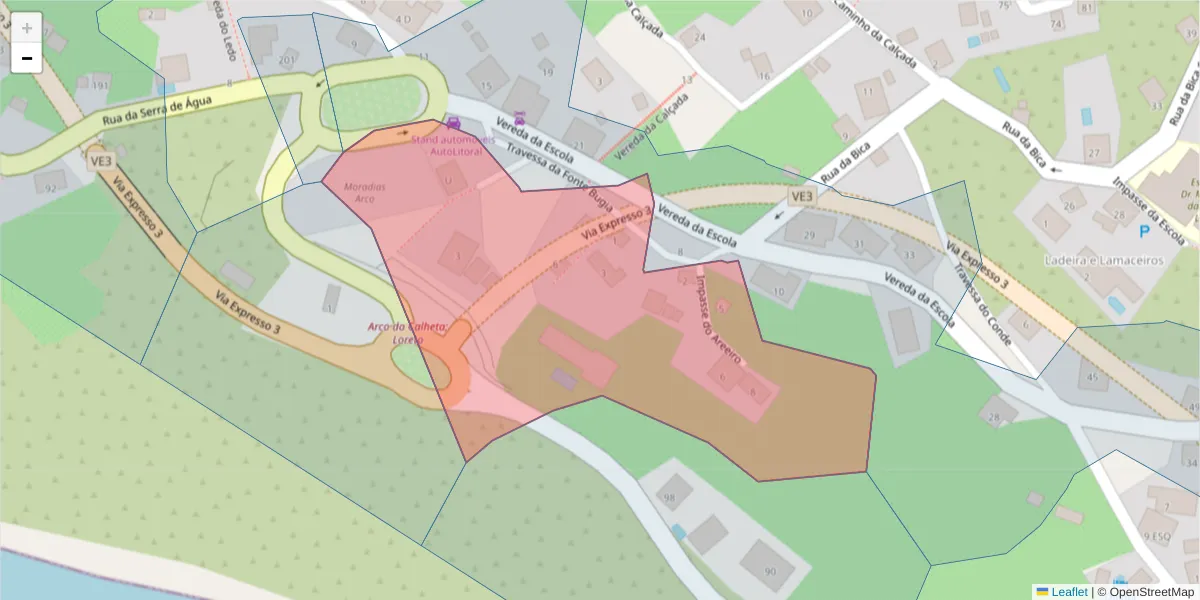 Mapa detalhado do código postal 9370-043 com limites, códigos postais vizinhos e agências dos correios