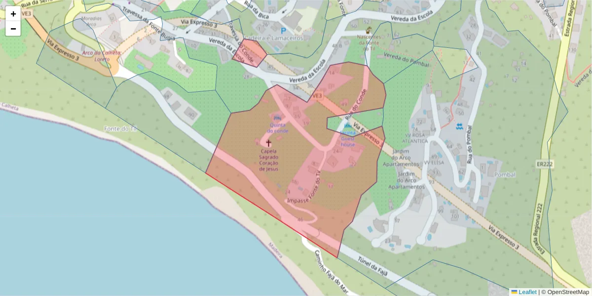 Mapa detalhado do código postal 9370-046 com limites, códigos postais vizinhos e agências dos correios