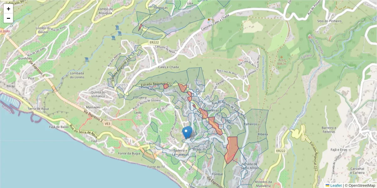 Mapa detalhado do código postal 9370-052 com limites, códigos postais vizinhos e agências dos correios