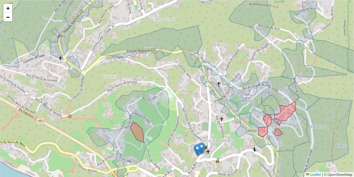 Mapa detalhado do código postal 9370-055 com limites, códigos postais vizinhos e agências dos correios