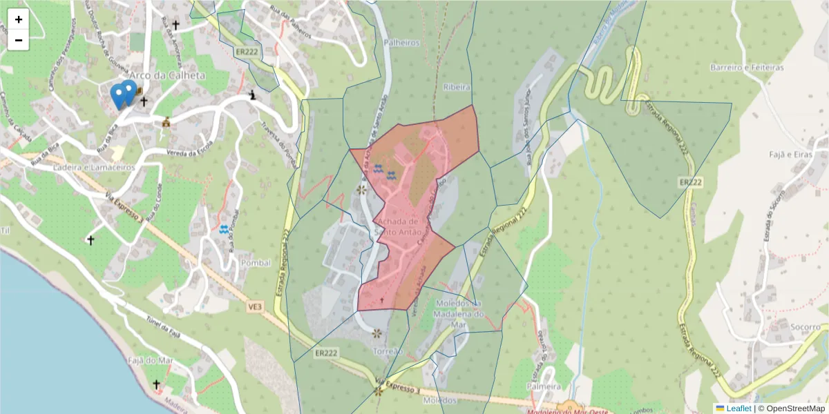 Mapa detalhado do código postal 9370-059 com limites, códigos postais vizinhos e agências dos correios