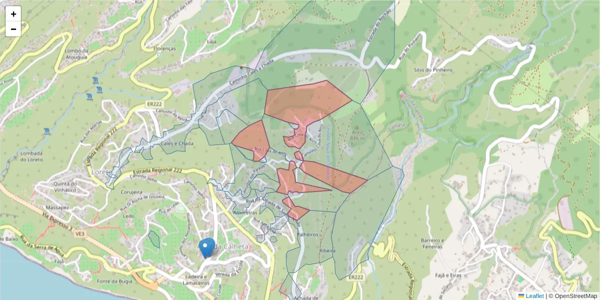 Mapa detalhado do código postal 9370-060 com limites, códigos postais vizinhos e agências dos correios
