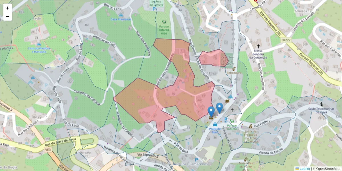 Mapa detalhado do código postal 9370-074 com limites, códigos postais vizinhos e agências dos correios