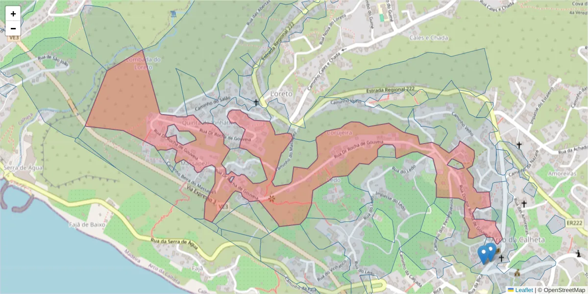Mapa detalhado do código postal 9370-075 com limites, códigos postais vizinhos e agências dos correios