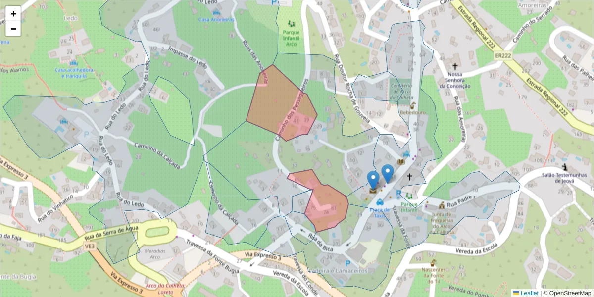 Mapa detalhado do código postal 9370-095 com limites, códigos postais vizinhos e agências dos correios