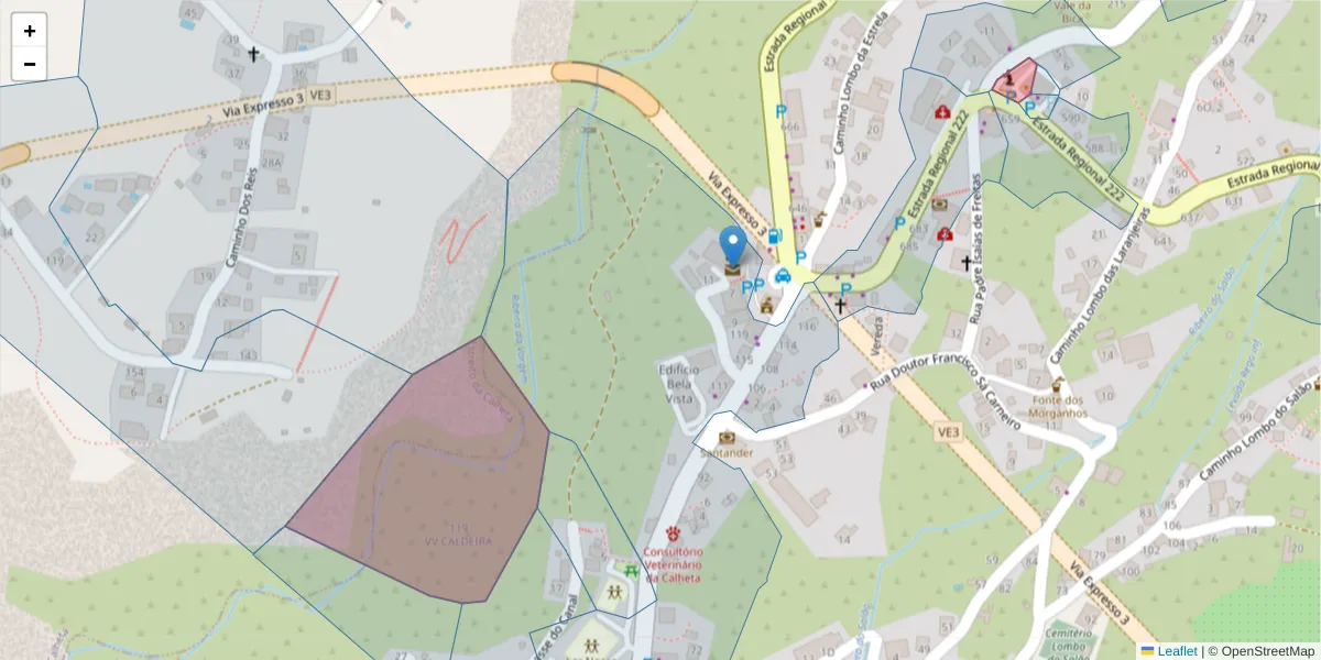 Mapa detalhado do código postal 9370-111 com limites, códigos postais vizinhos e agências dos correios
