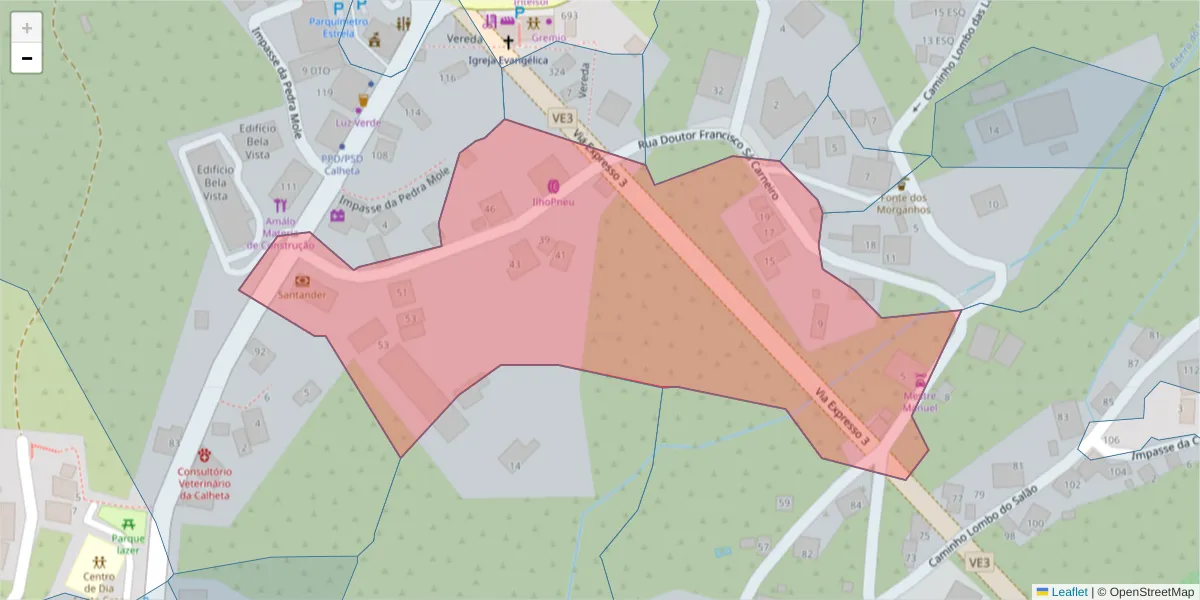 Mapa detalhado do código postal 9370-151 com limites, códigos postais vizinhos e agências dos correios