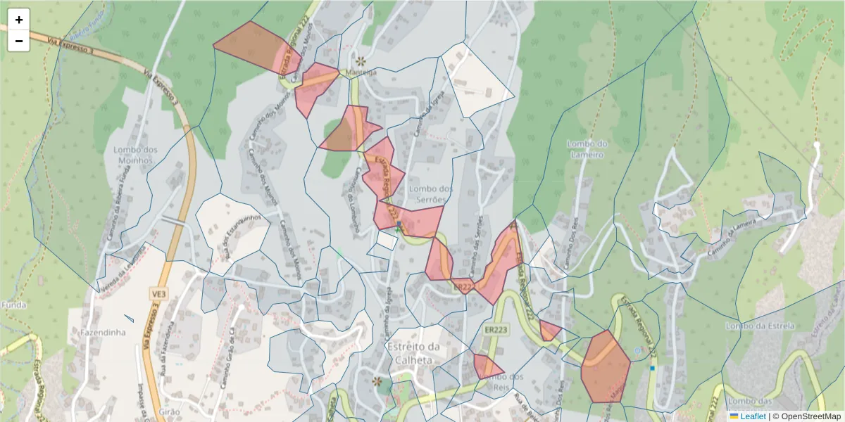 Mapa detalhado do código postal 9370-225 com limites, códigos postais vizinhos e agências dos correios