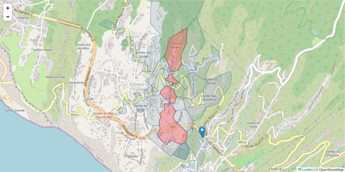 Mapa detalhado do código postal 9370-227 com limites, códigos postais vizinhos e agências dos correios