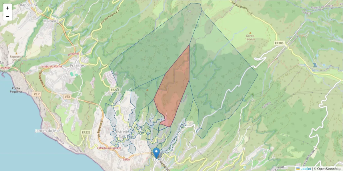Mapa detalhado do código postal 9370-232 com limites, códigos postais vizinhos e agências dos correios