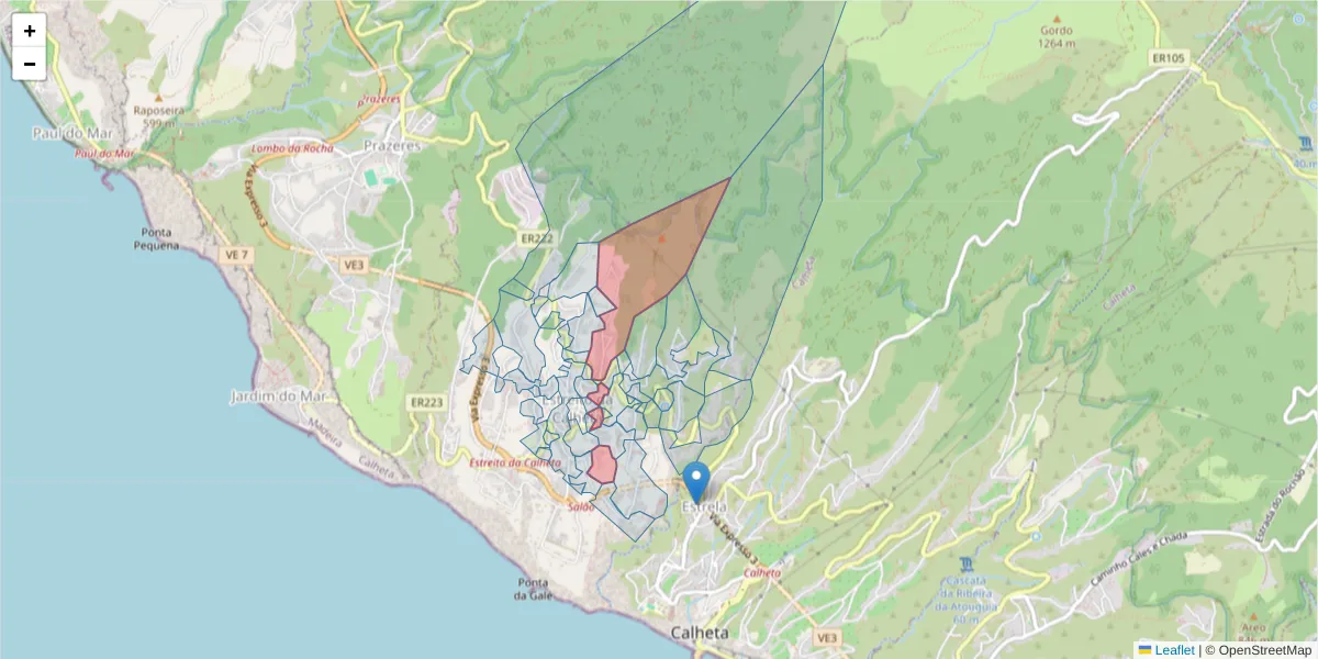 Mapa detalhado do código postal 9370-240 com limites, códigos postais vizinhos e agências dos correios