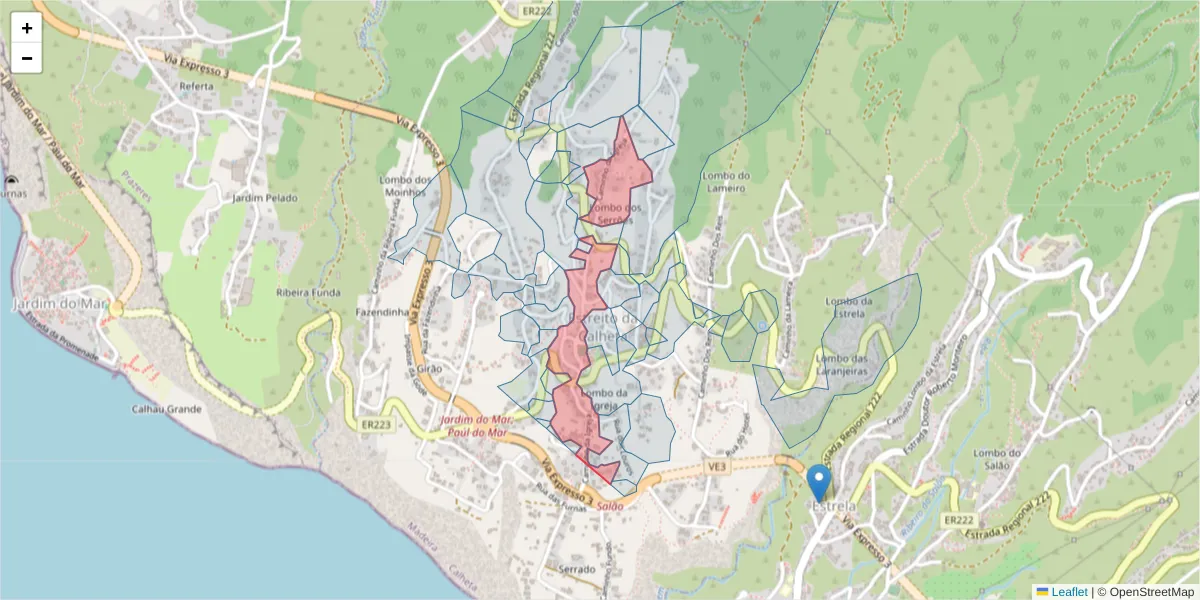 Mapa detalhado do código postal 9370-244 com limites, códigos postais vizinhos e agências dos correios