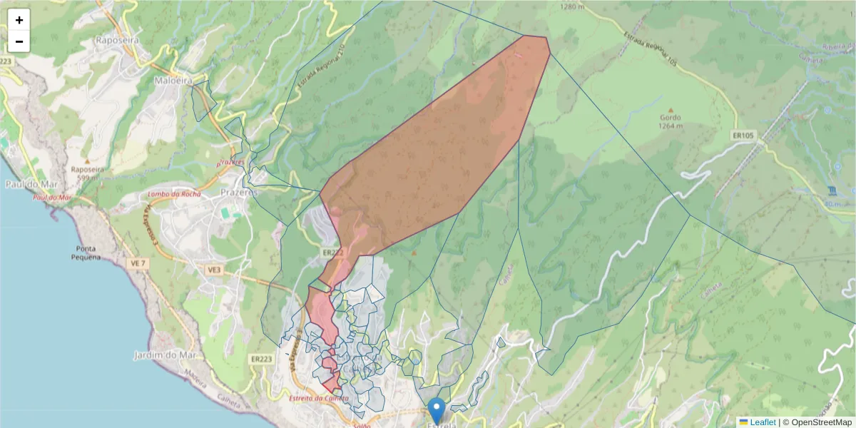Mapa detalhado do código postal 9370-247 com limites, códigos postais vizinhos e agências dos correios