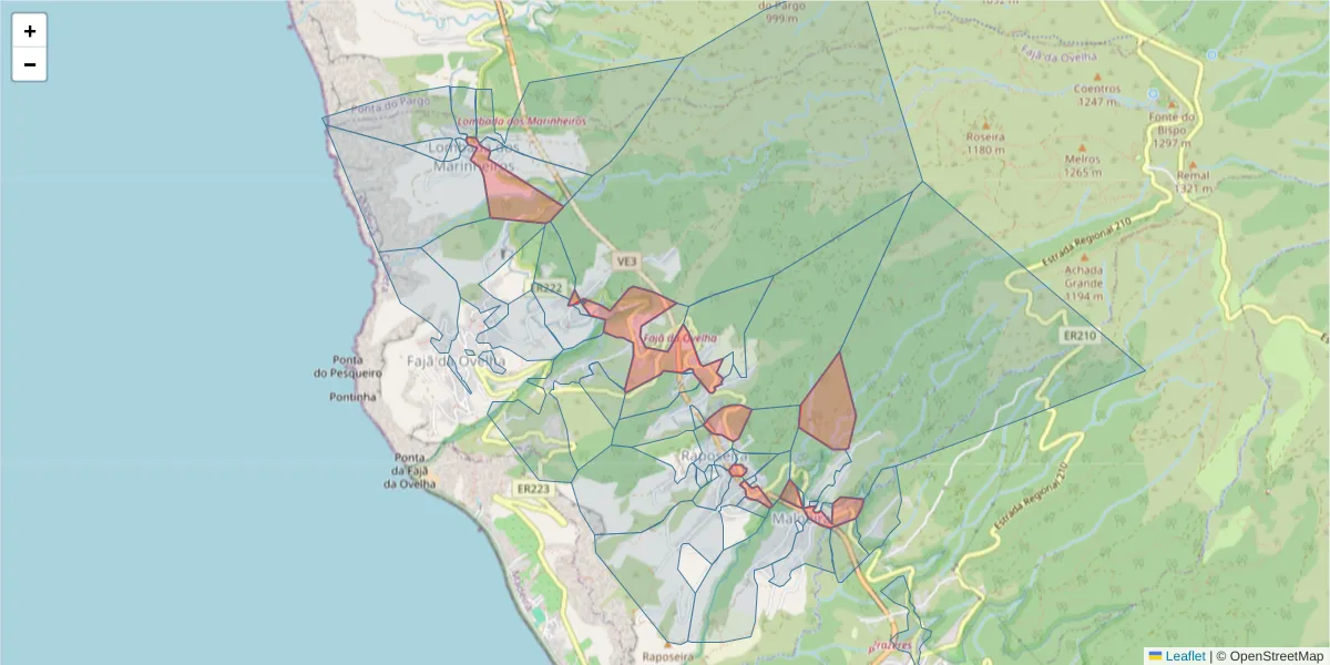 Mapa detalhado do código postal 9370-315 com limites, códigos postais vizinhos e agências dos correios