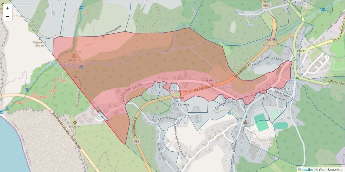 Mapa detalhado do código postal 9370-612 com limites, códigos postais vizinhos e agências dos correios