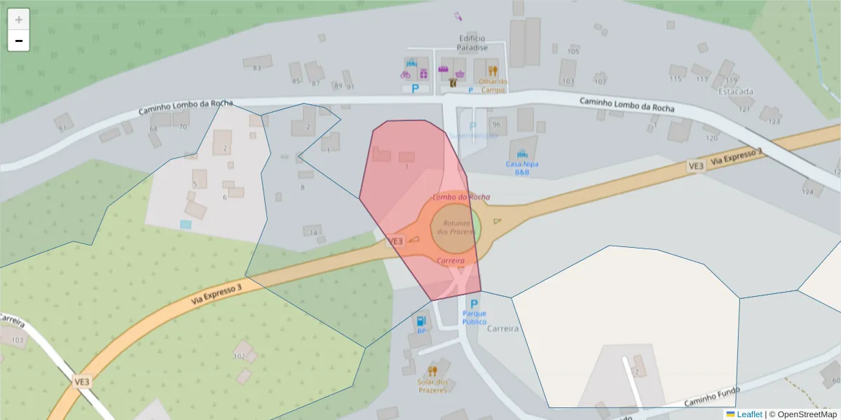 Mapa detalhado do código postal 9370-613 com limites, códigos postais vizinhos e agências dos correios