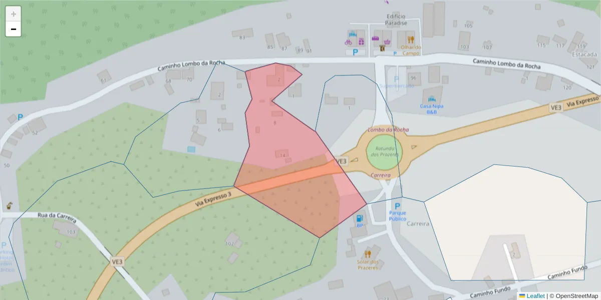 Mapa detalhado do código postal 9370-614 com limites, códigos postais vizinhos e agências dos correios