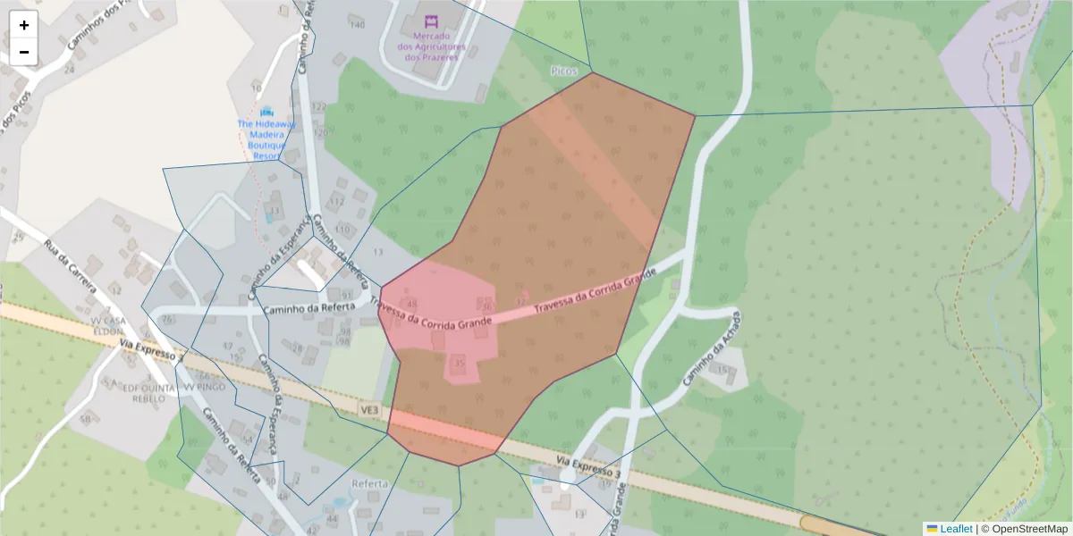 Mapa detalhado do código postal 9370-653 com limites, códigos postais vizinhos e agências dos correios