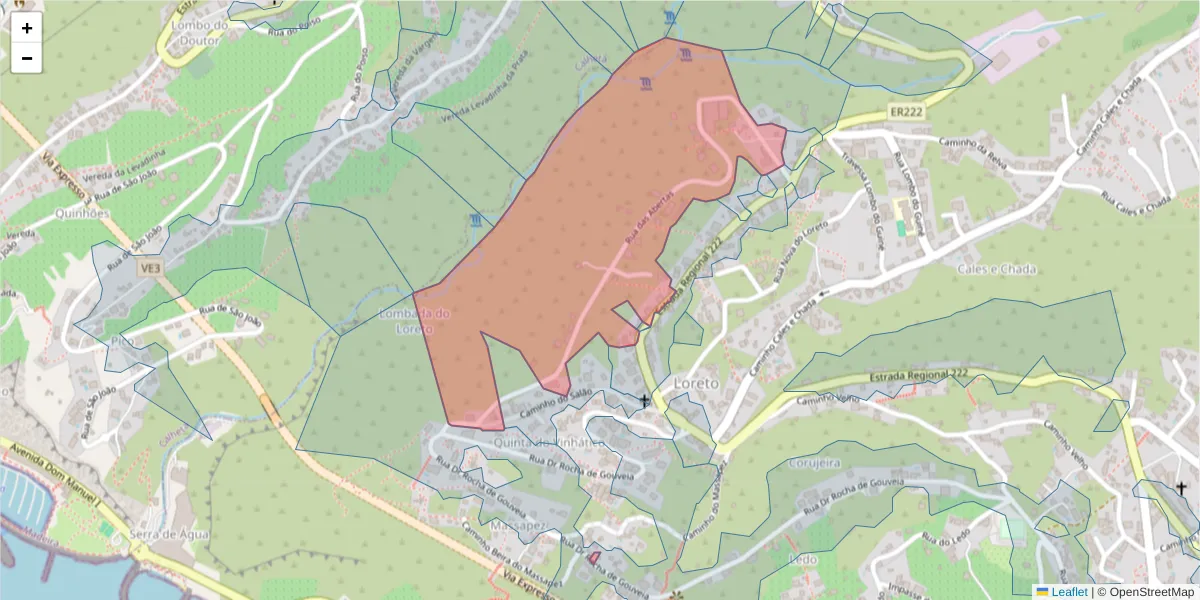 Mapa detalhado do código postal 9370-708 com limites, códigos postais vizinhos e agências dos correios