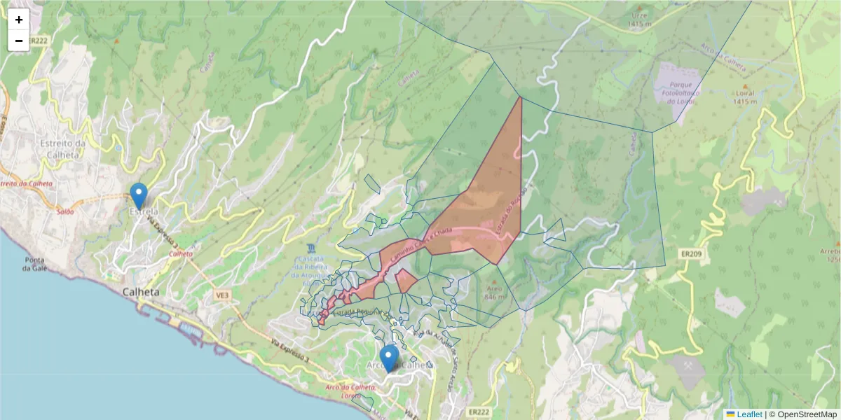 Mapa detalhado do código postal 9370-711 com limites, códigos postais vizinhos e agências dos correios