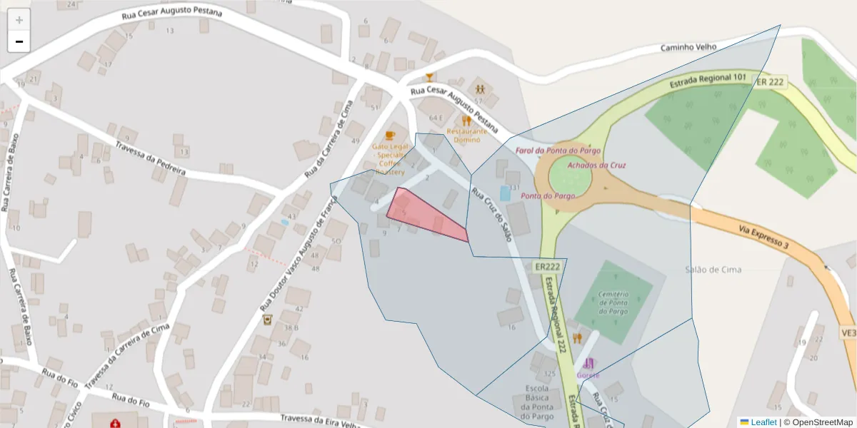 Mapa detalhado do código postal 9385-120 com limites, códigos postais vizinhos e agências dos correios