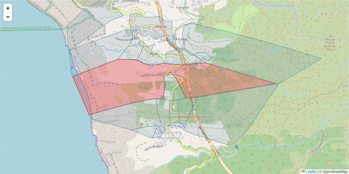 Mapa detalhado do código postal 9385-205 com limites, códigos postais vizinhos e agências dos correios