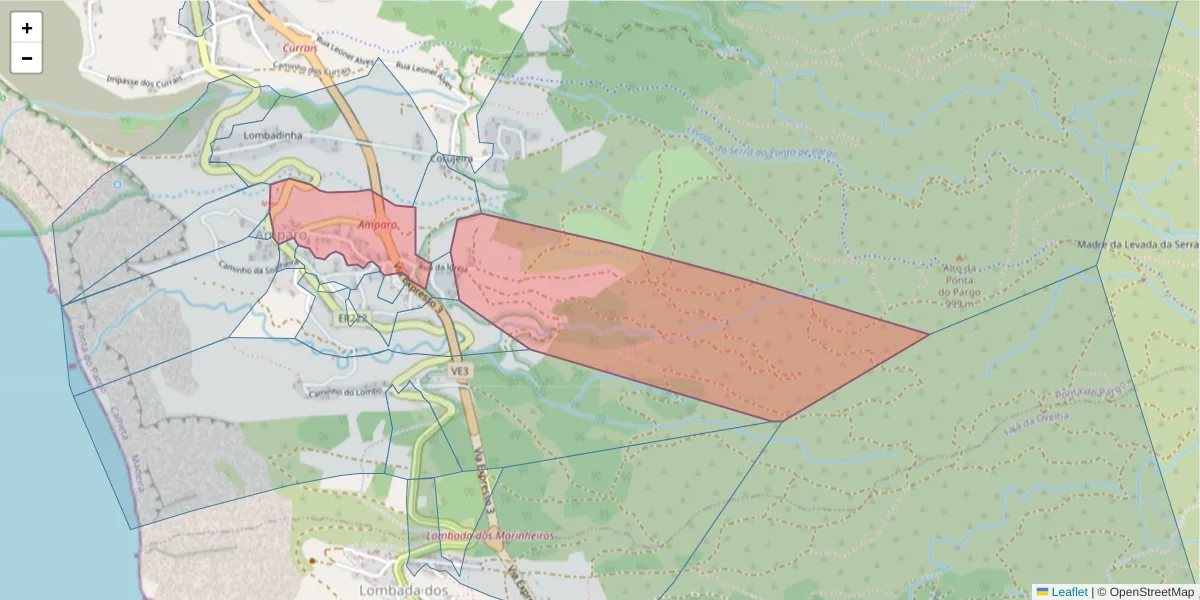 Mapa detalhado do código postal 9385-219 com limites, códigos postais vizinhos e agências dos correios
