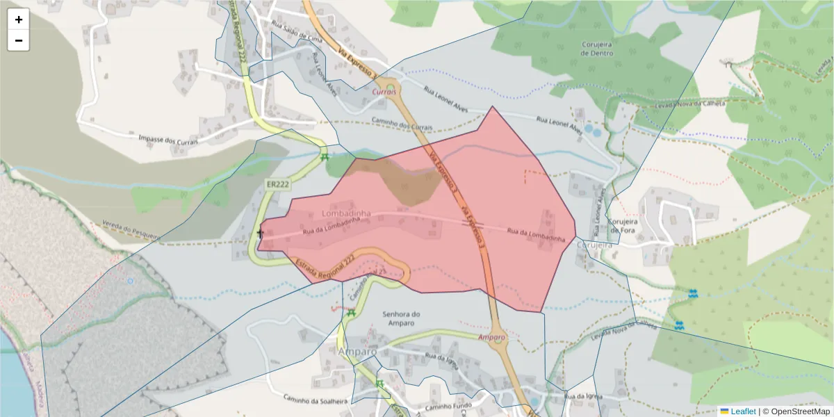 Mapa detalhado do código postal 9385-235 com limites, códigos postais vizinhos e agências dos correios