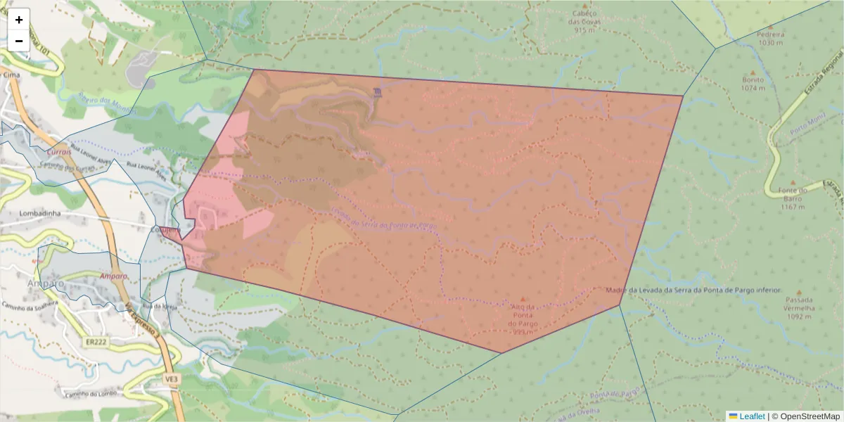 Mapa detalhado do código postal 9385-237 com limites, códigos postais vizinhos e agências dos correios