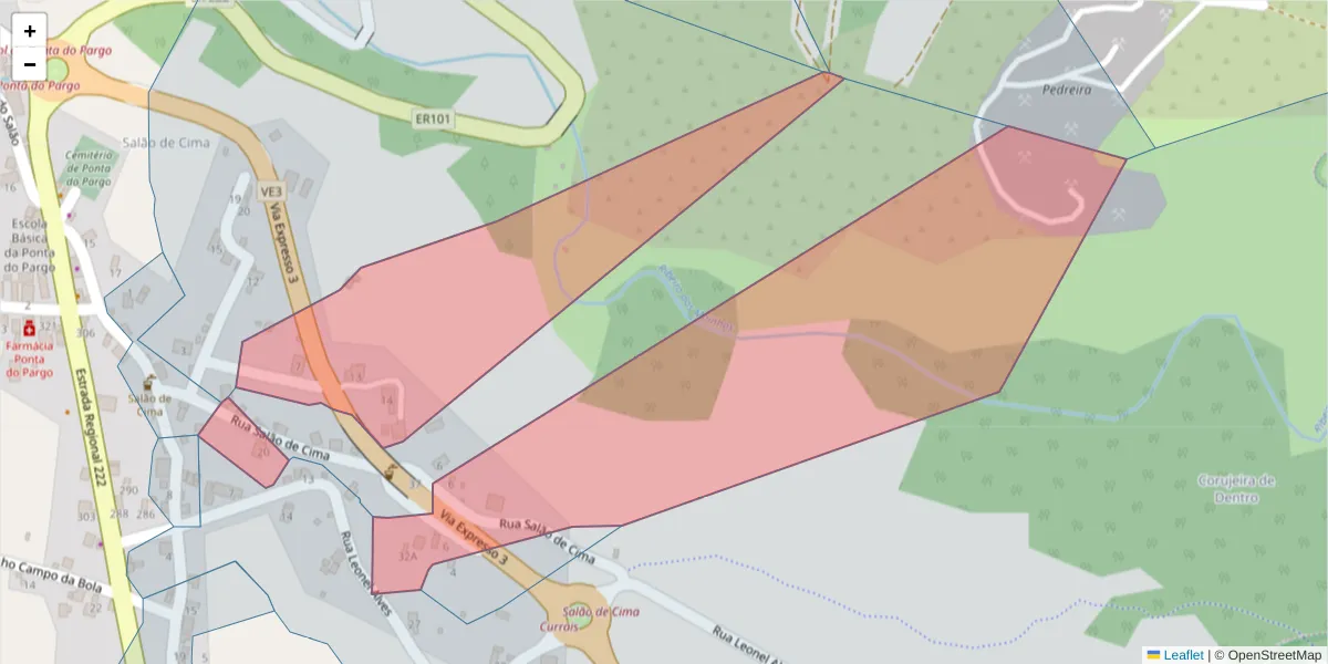 Mapa detalhado do código postal 9385-247 com limites, códigos postais vizinhos e agências dos correios