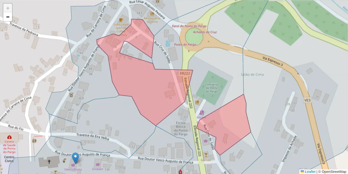 Mapa detalhado do código postal 9385-248 com limites, códigos postais vizinhos e agências dos correios