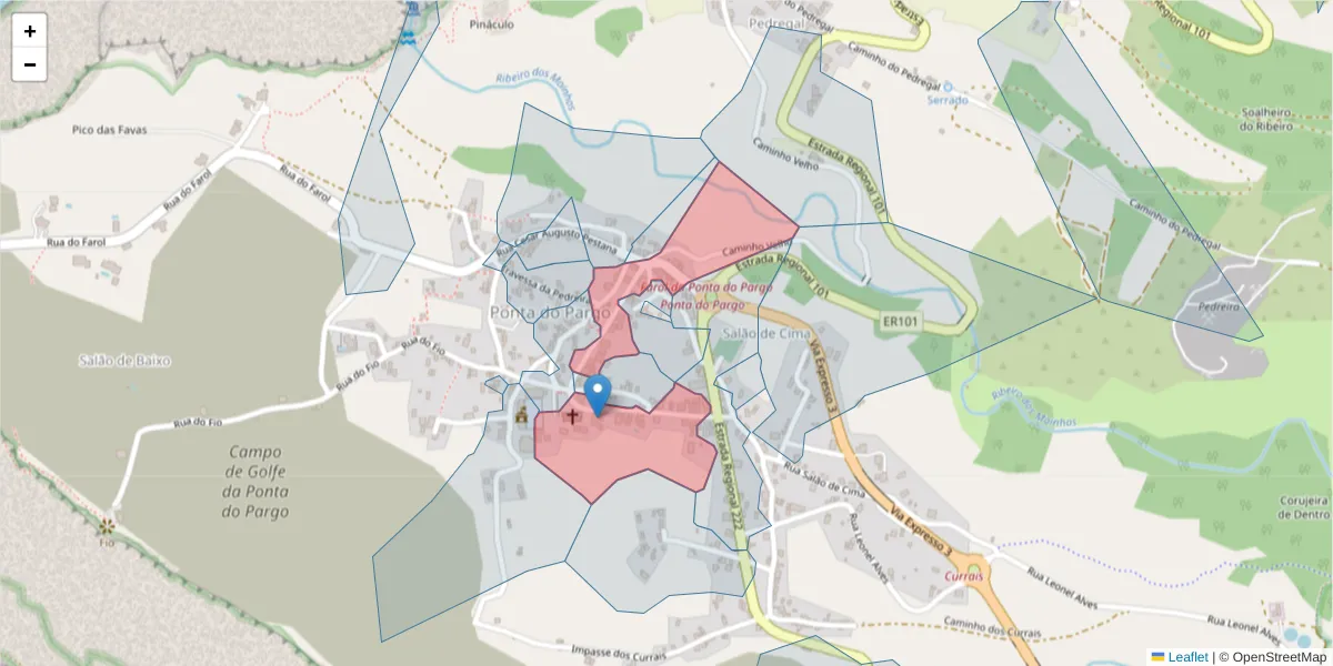 Mapa detalhado do código postal 9385-249 com limites, códigos postais vizinhos e agências dos correios