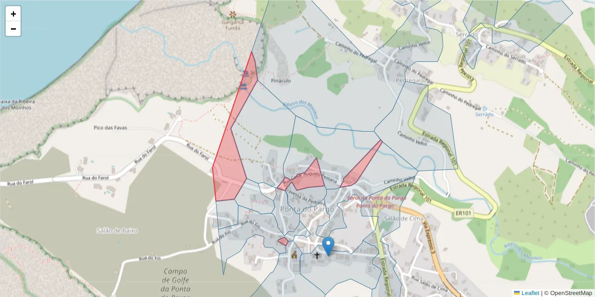 Mapa detalhado do código postal 9385-251 com limites, códigos postais vizinhos e agências dos correios