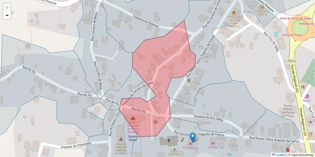 Mapa detalhado do código postal 9385-253 com limites, códigos postais vizinhos e agências dos correios