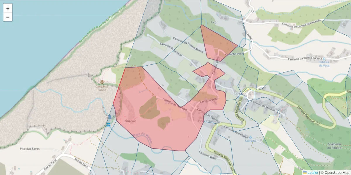 Mapa detalhado do código postal 9385-268 com limites, códigos postais vizinhos e agências dos correios