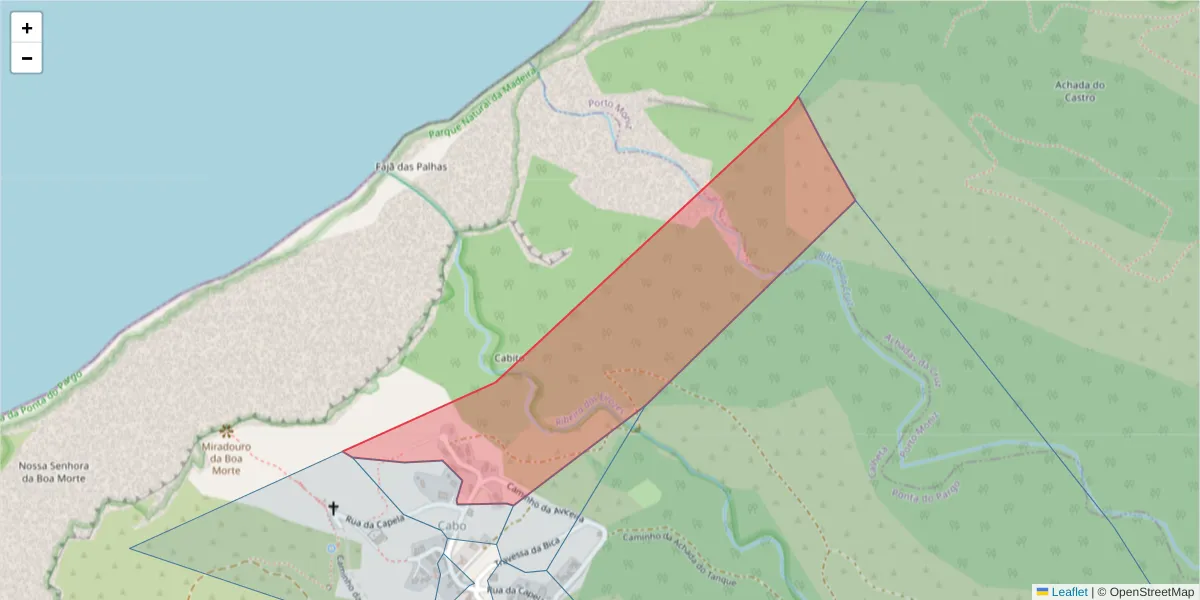 Mapa detalhado do código postal 9385-296 com limites, códigos postais vizinhos e agências dos correios