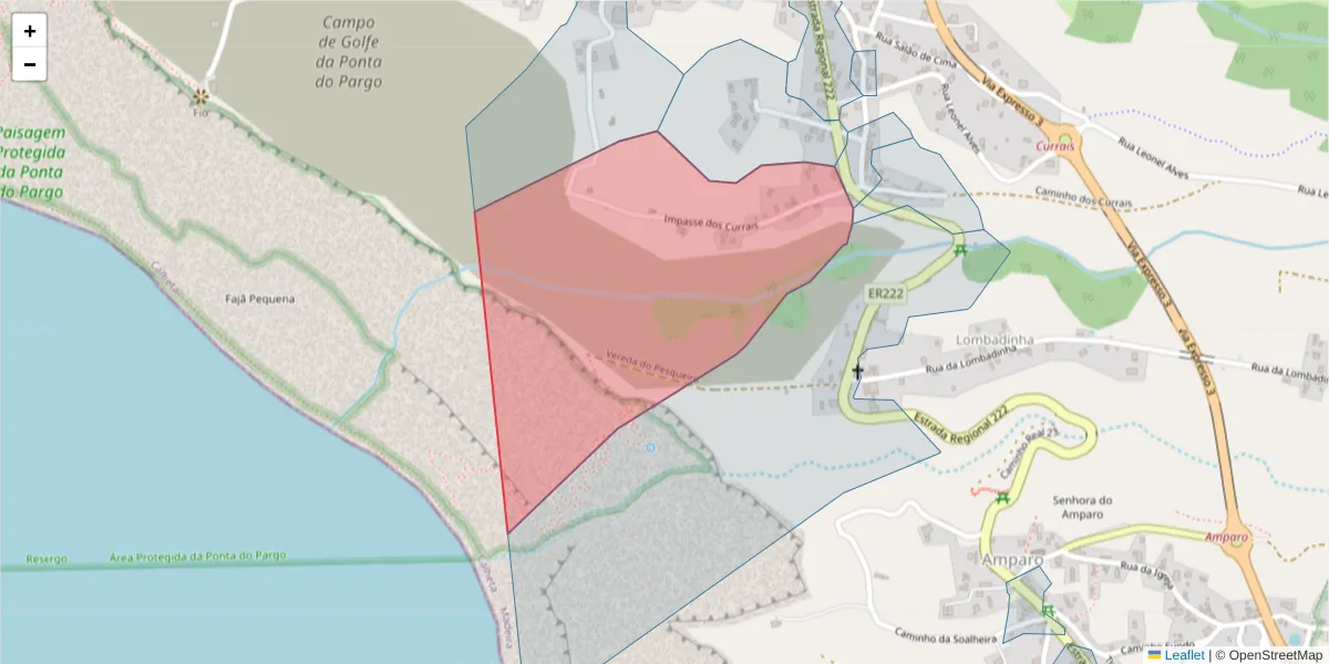 Mapa detalhado do código postal 9385-303 com limites, códigos postais vizinhos e agências dos correios