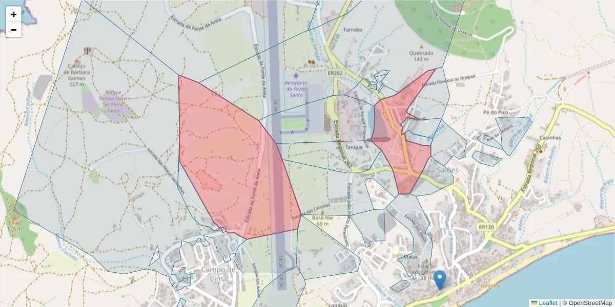 Mapa detalhado do código postal 9400-045 com limites, códigos postais vizinhos e agências dos correios