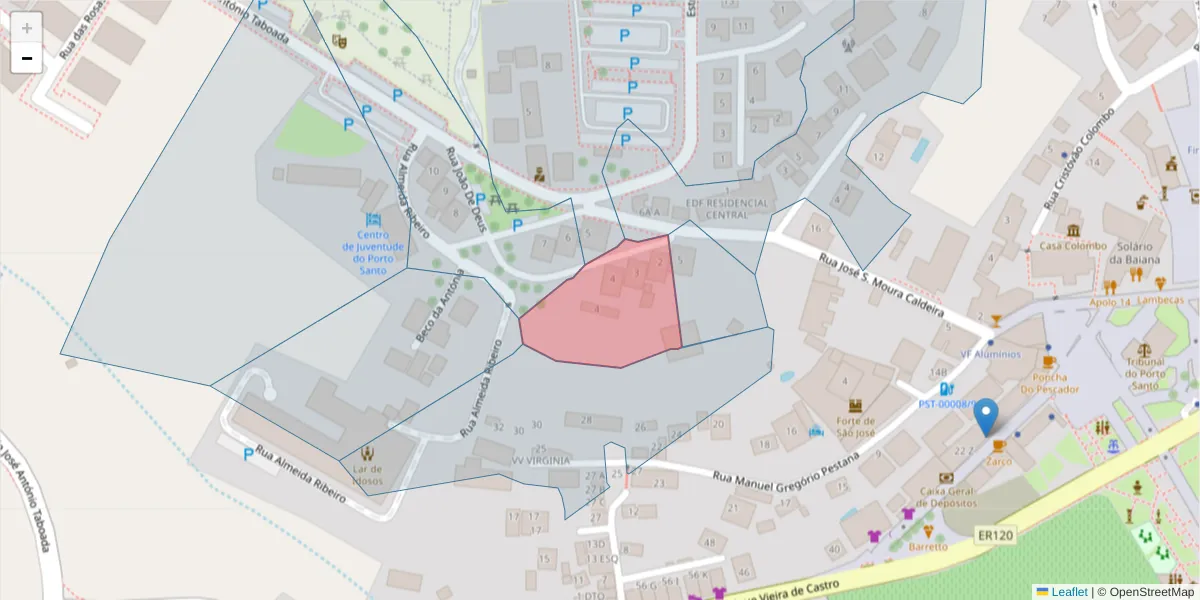 Mapa detalhado do código postal 9400-151 com limites, códigos postais vizinhos e agências dos correios