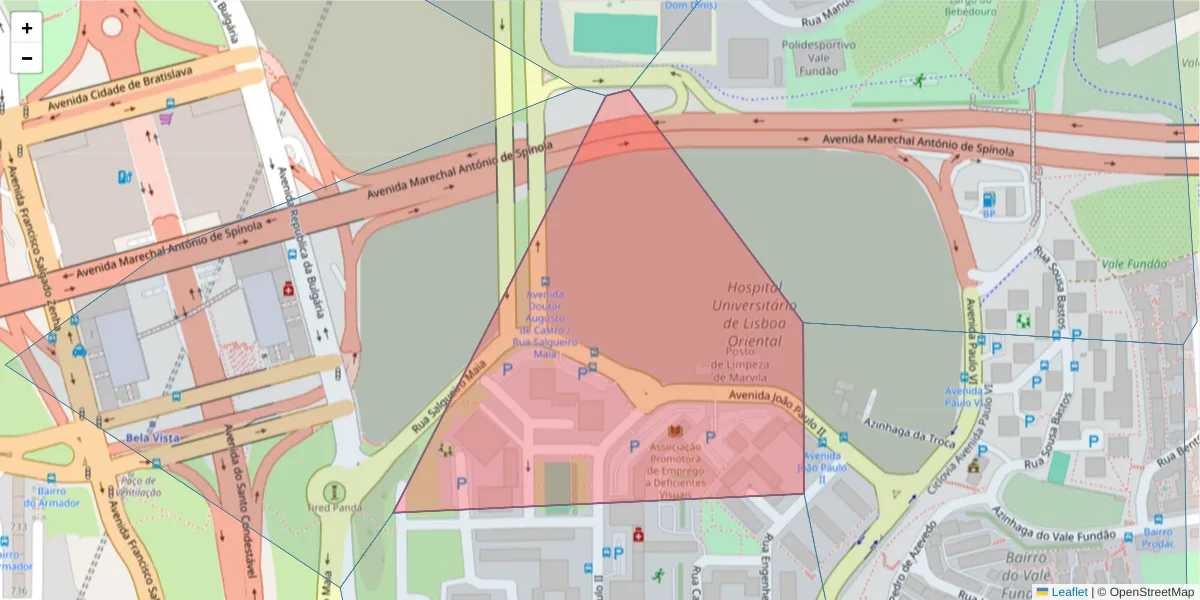 Mapa detalhado do código postal 950-159 com limites, códigos postais vizinhos e agências dos correios