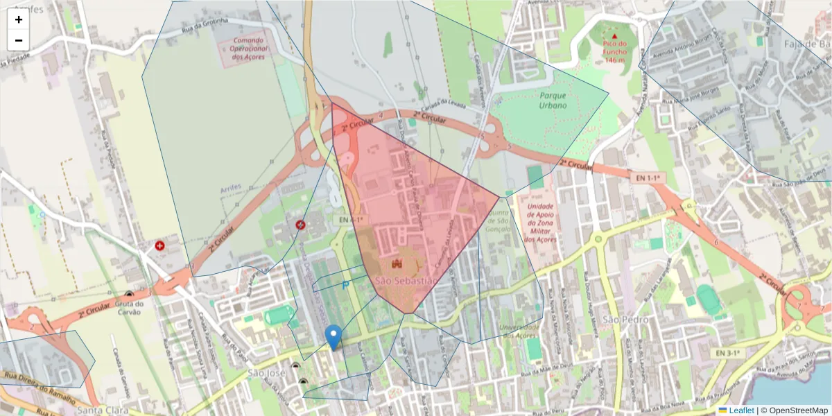 Mapa detalhado do código postal 9500-038 com limites, códigos postais vizinhos e agências dos correios